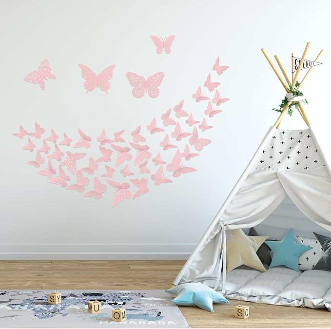 3D Pink Butterfly Wall Decor 3 Sizes 4 Styles Butterfly Party Decorations Cake Decorations Removable Stickers Wall Decor Room Mural Metallic Kids (Pink, 48Pcs)