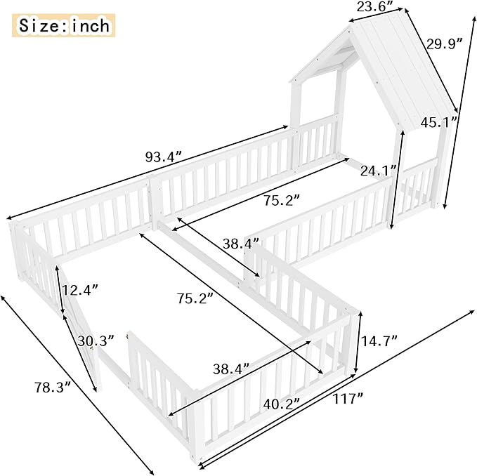 Harper & Bright Designs Twin Size House Shaped Double Floor Bed with Door and Full-Length Guardrails, Solid Wood Kids Montessori Floor Bed for Girls Boys, Multi-Function, White