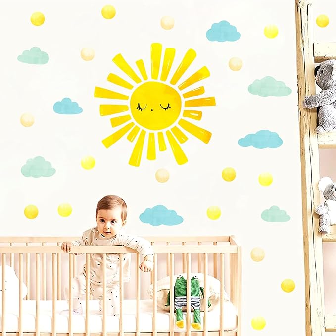 Watercolor Sun Cloud Wall Decals Large Sun and Clouds Wall Stickers Yellow Polka Dots Decal Peel and Stick Big Sun Wall Stickers for Kids Room Baby Nursery Bedroom Playroom Decor