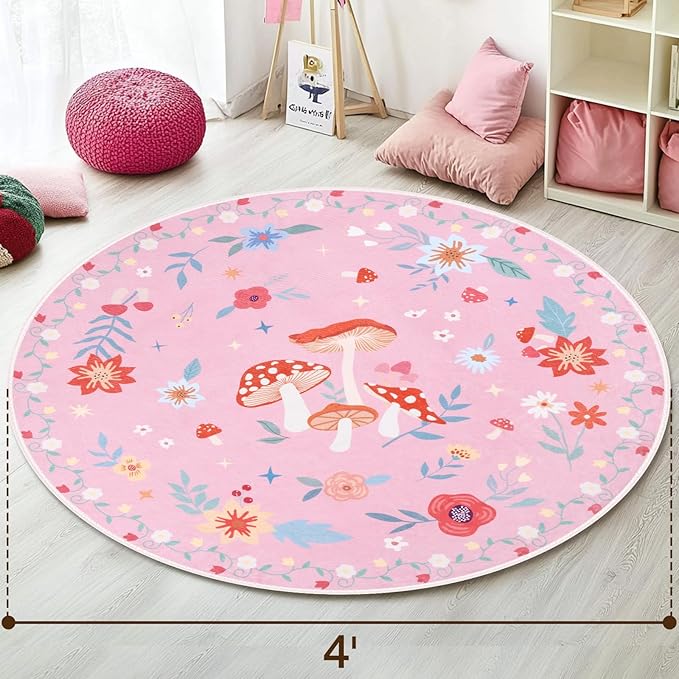 4' Machine Washable Round Area Rug, Non-Slip Vintage Floral Circle Floor Rugs for Kids, Low Pile Room Carpet for Living Room, Bedroom, Dining Room & Nursery(4' Pink Mushroom)