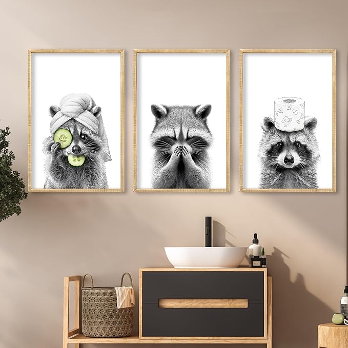 Funny Bathroom Adorable Raccoon Wall Art Decor 16x11 Inch Set Of 3 Laundry Animal Prints Wooden Framed Signs Rustic Washroom Interesting Modren Artwork Wall Hanging Deoration (Wood)