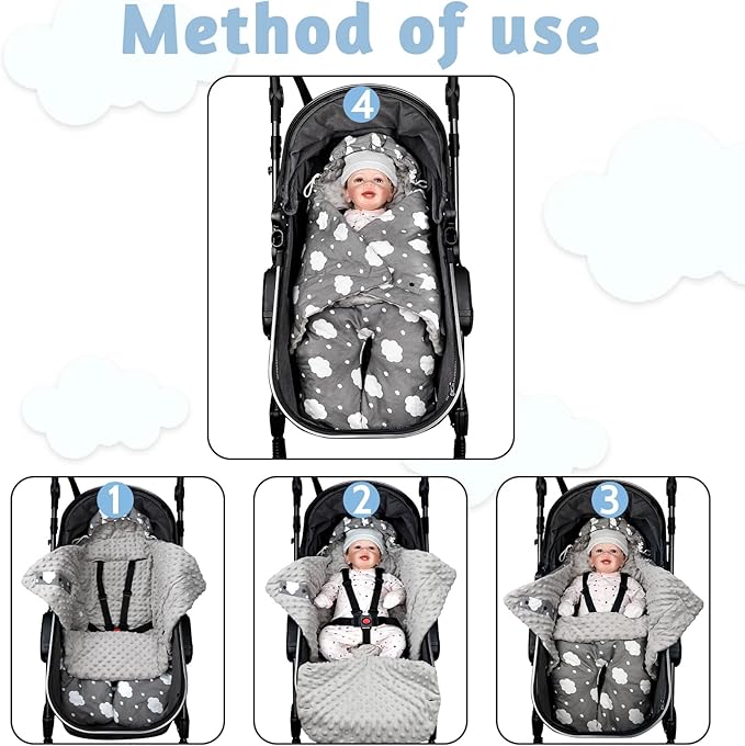 Baby Car Seat Blanket, Winter Car Seat Covers for Babies, Warm Carseat Swaddle Blankets, Thicken Stroller Sleeping Bunting Bag for Infants Boy & Girl, Grey Cloud