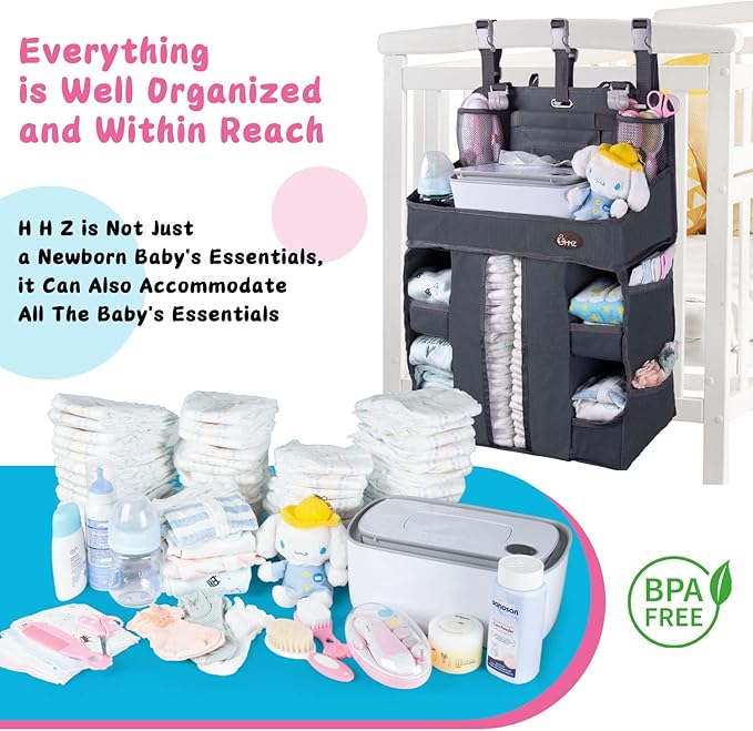 HHZ XL Hanging Diaper Caddy Organizer –Sturdy and Durable Baby Organizer – Diaper Stacker for Changing Table, Crib, Playard or Wall & Nursery Organization