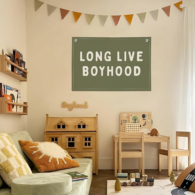 Long Live Boyhood Banner, Boy Nursery Decor, Canvas Banner Wall Hanging Flag Decor for Nursery Playroom Toddler Room, Boys Kids Room (Green)