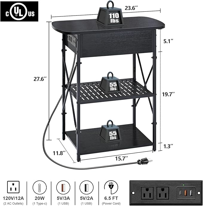 Livofloral Narrow Side Table with Charging Station, End Tables Set of 2 for Small Spaces, Flip Top End Table with Storage, Black End Tables Living Room, Nightstand Set 2 with Drawer for Bedroom