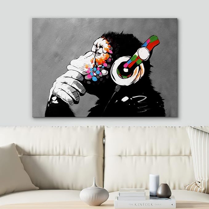 SIGNWIN Framed Canvas Wall Art Banksy Thinking Monkey with Headphones Graffiti & Street Art Famous People Pop Art Modern Urban Multicolor for Living Room, Bedroom, Office - 12x18 inches