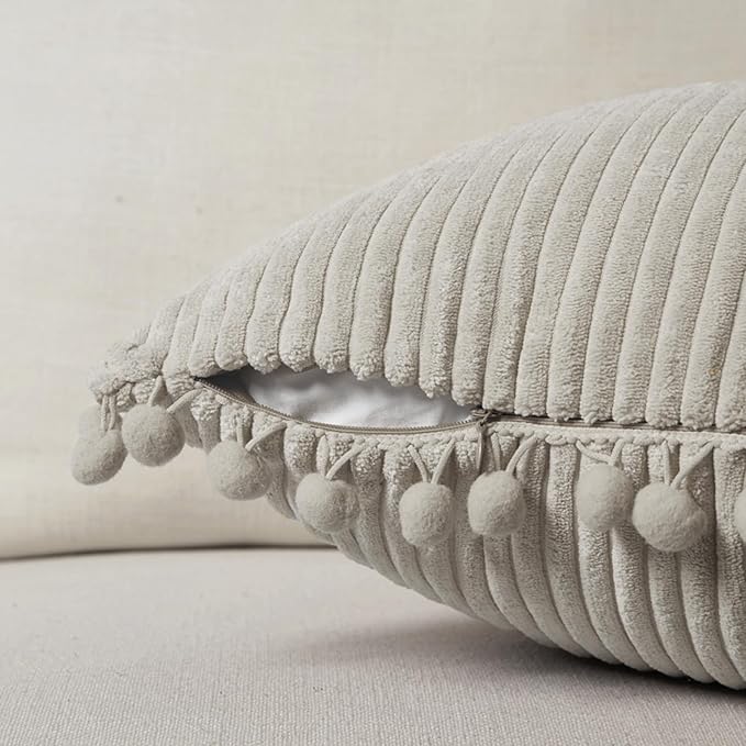 Fancy Homi Set of 2 Neutral Taupe Decorative Throw Pillow Covers 12x12 Inch with Pom-poms for Couch Bed Sofa, Modern Farmhouse Boho Home Decor, Soft Plush Corduroy Cute Cushion Case 30x30 cm