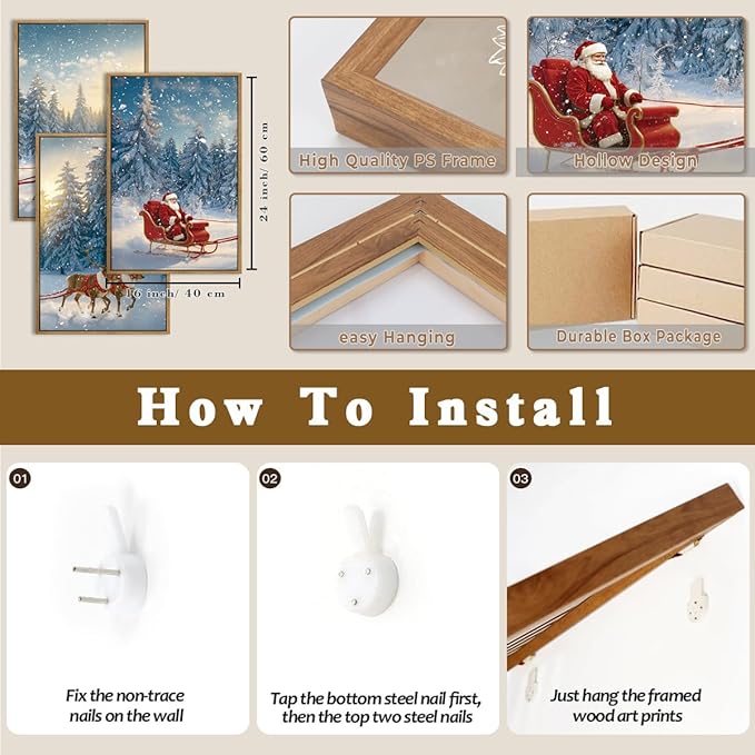 Framed Christmas Wall Art Santa Claus Wall Art Santa Winter Artwork for Living Room Bedroom Dining Room 16x24 Inches Set of 3