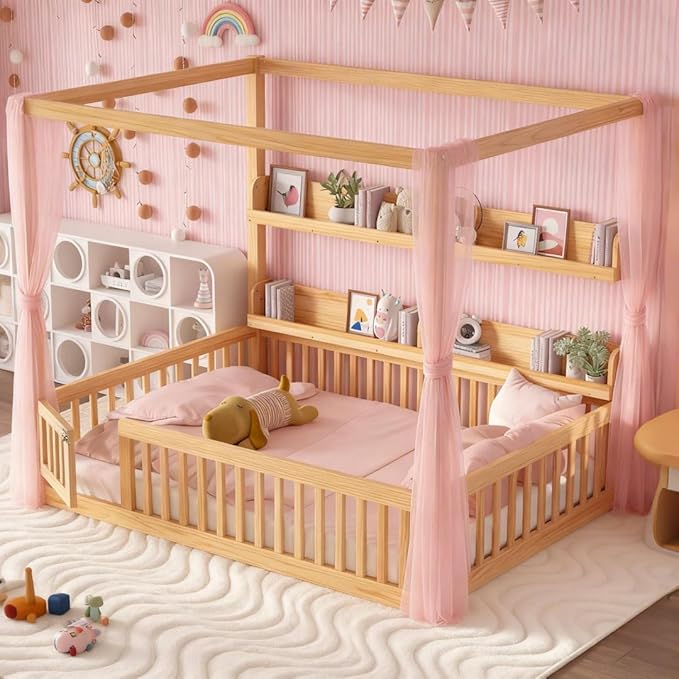 Bellemave Toddlers Full Size Canopy Bed with Fence and Door, Floor Bed with Storage Shelves and 4 Poster Design,Wood Montessori Bed Frame for Kids, Boys,Girls,Space Saving,Easy Assemble（Full,Natural）