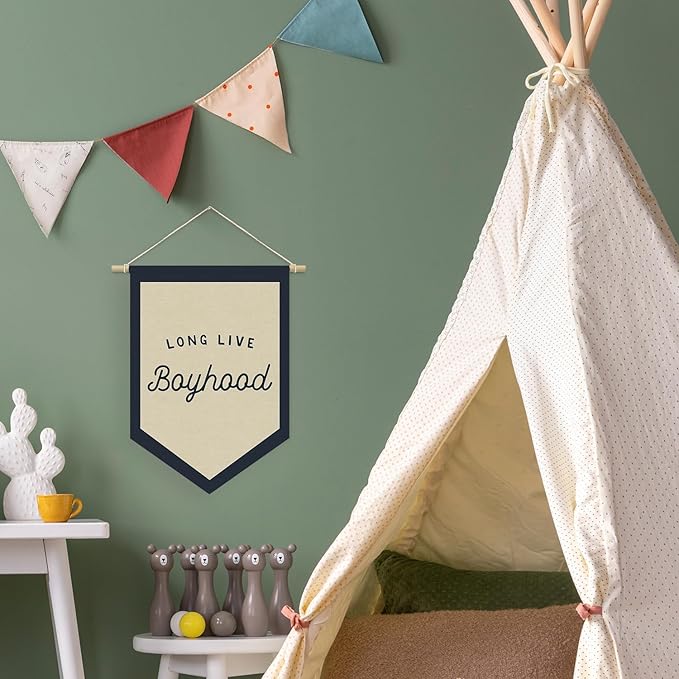 Boys Room Decor, Long Live Boyhood Linen Canvas Banner, Boy Nursery Wall Hanging Pennant Flag Banner for Boys Kids Toddler Room Bedroom Playroom Decor, 15x11in - Navy Blue
