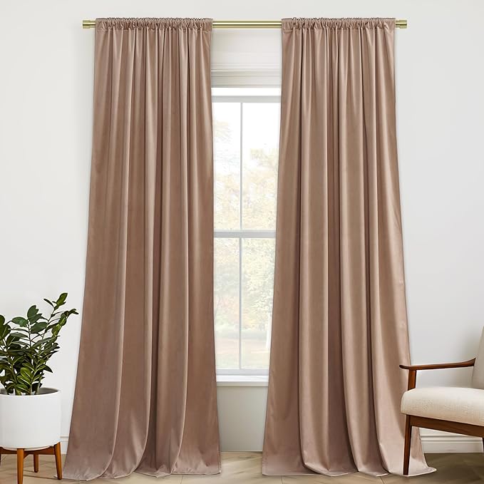 StangH Velvet Curtains for Bedroom 108 inches Long, Soft Thick Thermal Insulated Privacy Window Drapes Elagant Home Decors for Sliding Door, Blush Beige, W52 x L108, 2 Panels