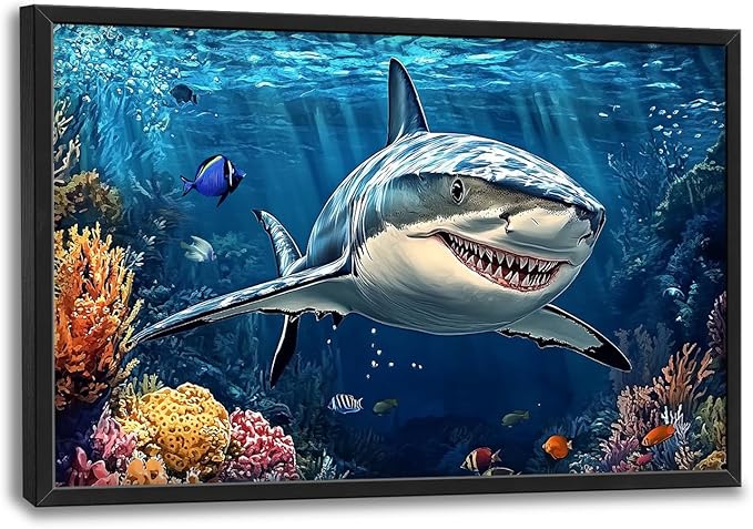 Large Ocean Shark Wall Art for Living Room, Framed Oversized Shark Fish Wall Decor Underwater Marine Life Canvas Painting Modern Artwork for Living Room Bathroom Bedroom Office Dining Room 36"x24"