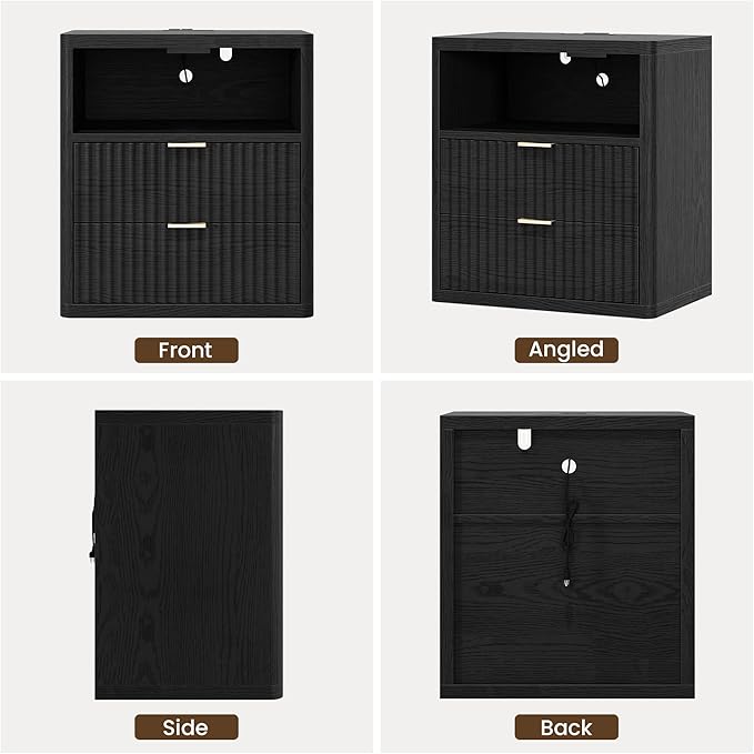 Fluted Nightstand Set of 2 with Charging Station, 21.7" Wide Modern Night Stand with 2 Drawers Open Storage Cabinet, Wooden Bedside End Table for Bedroom,Black