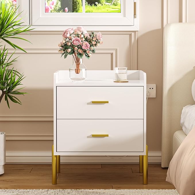 Vabches Nightstand with Built-in Charging Station, White Mid Century Modern Nightstand for Bedroom, Stylish End Tables for Lamps, Books