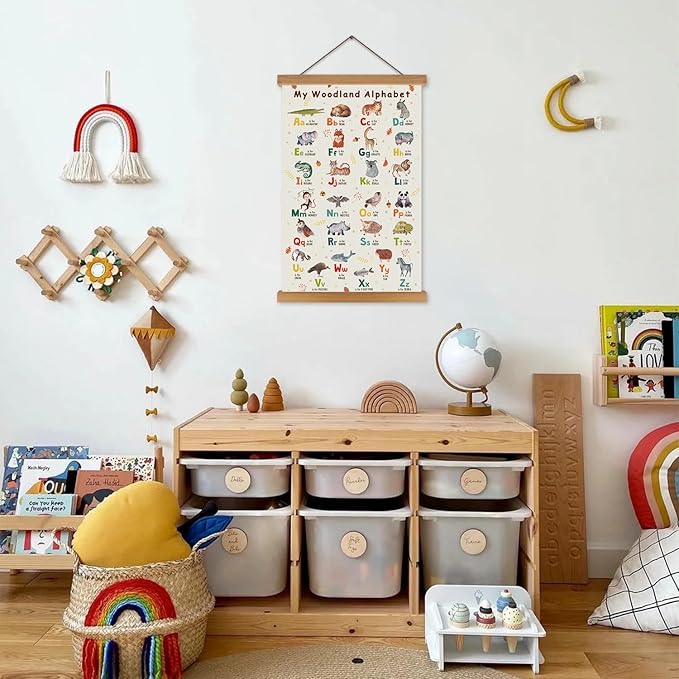 KAIRNE Kids Woodland Alphabet Poster With Wood Magnetic Hanging Framed(35CMx56CM)Children ABC Learning Art Prints,Safari Animal ABC Wall Art,Wildlife Alphabet Canvas Sign for Playroom Classroom Decor