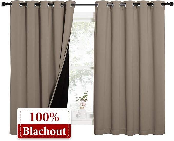 NICETOWN 100% Blackout Curtains with Black Liners, Thermal Insulated Full Blackout 2-Layer Lined Drapes, Energy Efficiency Window Draperies for Bedroom (Taupe, 2 Panels, 62-inch W by 63-inch L)