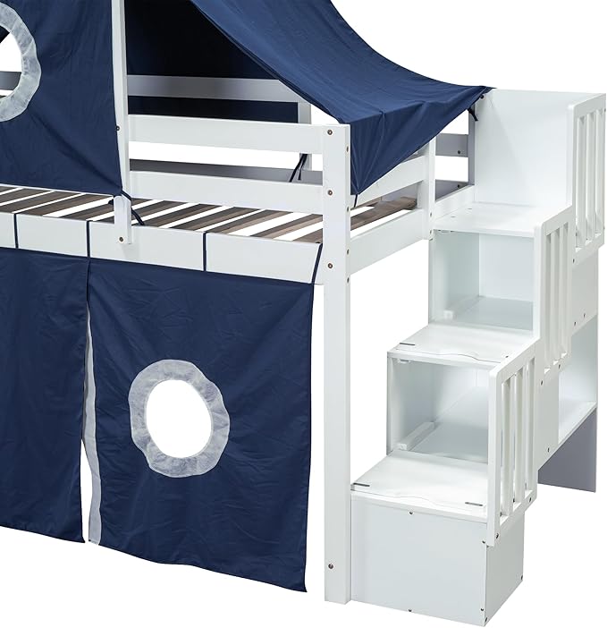 Playhouse Twin Size Low Loft Bed with Slide & Tent and Tower, Solid Wood Tent Bed Frame with Storage Staircase for Kids Teens Boys Girls, Versatile Spacious Under Bed Space with Curtains (Blue-TST)