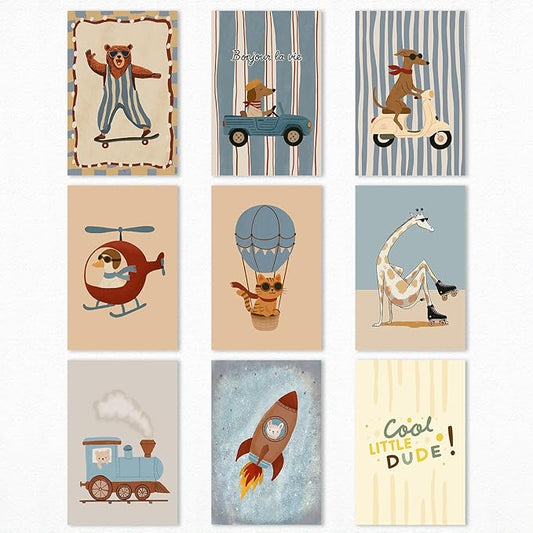 9 Pieces Nursery Animals Canvas Wall Art, Kids Room Cute Bear Dog Cat Giraffe and Bunny Picture, Skateboard Cars Rocket and Hot Air Balloon Poster for Boys Bedroom Playroom 12x16in Unframed