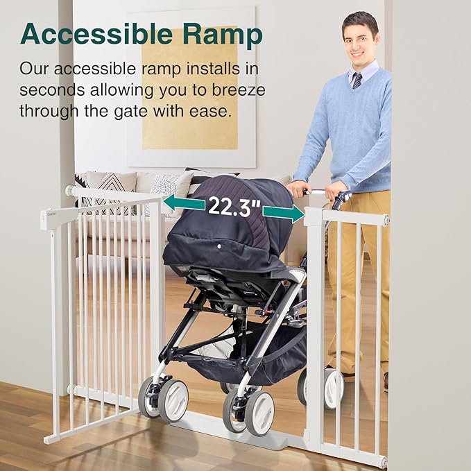 Cumbor 29.7-54.2" Wide Baby Gate for Stairs, Mom's Choice Awards Winner-Self Closing Dog Gate Indoor for Doorways, No Drilling Pressure Mounted Pet Gates for Kids, Easy Walk Through Safety Gate, White