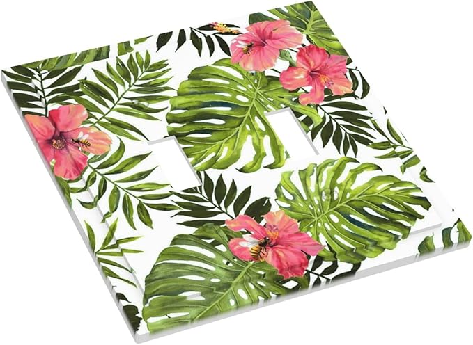 Tropical Plant Green Palm 2 Gang Light Switch Plate Decorative Double Toggle Wall Plate Banana Leaves Pink Flower Rainfores Jungle Botanical Receptacle Switchplate Decorate Home Living Room Bedroom