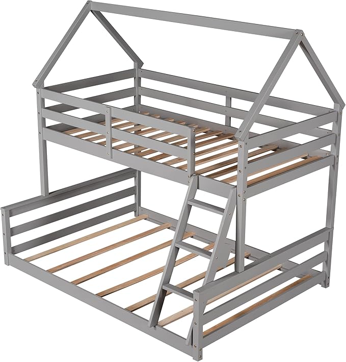 MERITLINE House Shaped Bunk Bed Twin Over Full Size Wood Bunk Bed Frame Low Bunk Beds for Kids, Twin Over Full,Grey