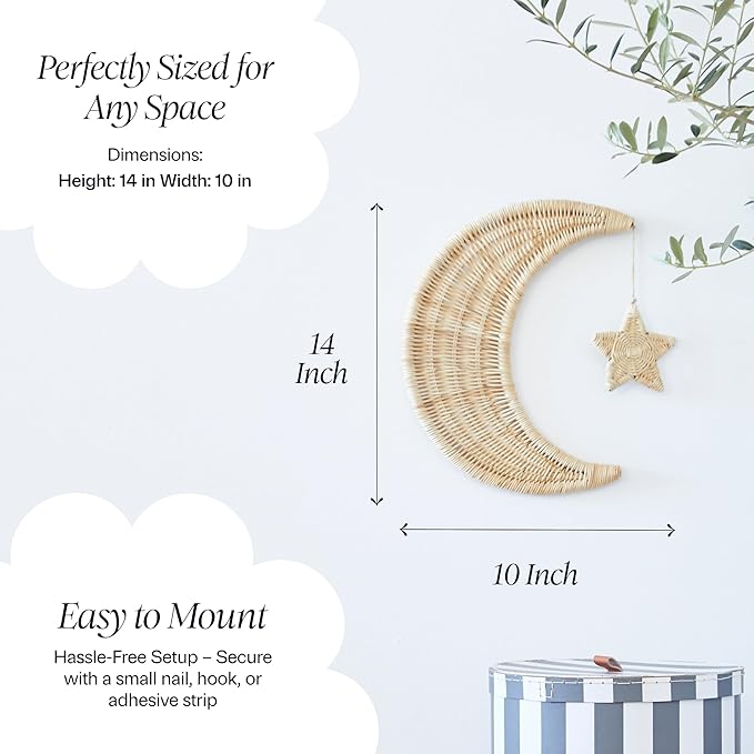 BEBE BASK Handmade Rattan Moon Wall Decor with Star - 100% Natural Organic Rattan Moon Decor for The Boho Nursery Decor - Moon and Stars Nursery Décor