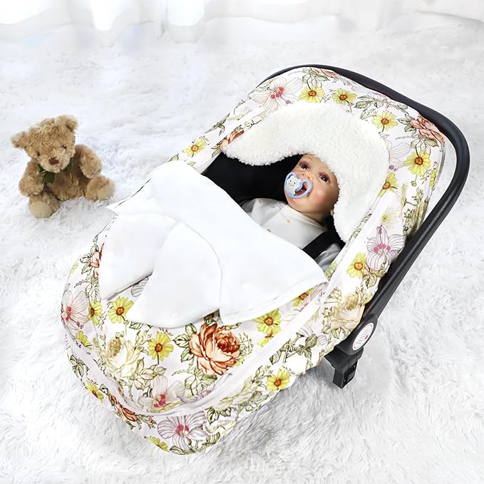 Winter Car Seat Cover for Babies Girl Boy, Super Warm Plush Fleece Infant Carseat Cover for Stroller Car Seat, Double Sides Zipper Winter Car Seat Canopy for Newborn, Yellow Vintage Floral