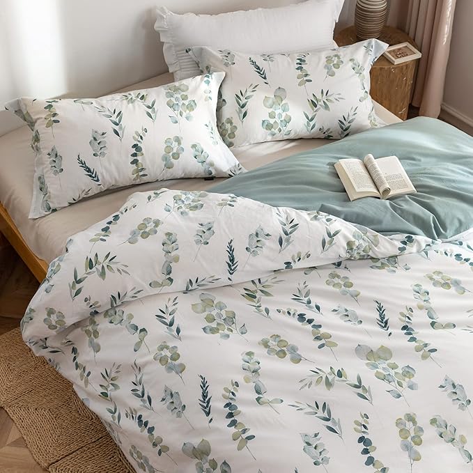 MILDLY Duvet Cover Twin Size - 100% Washed Cotton Sage Green Eucalyptus Reversible Floral Duvet Cover Set 2 Pieces with Zipper Closure Corner Ties