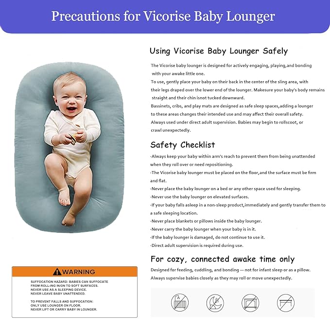 Baby Lounger 0-24 Months 100% Cotton-Snuggle Cozy Me Lounger,Soft & Breathable Tummy Time Mat for Newborn Infant Play Mat,Babies Essentials Gifts,Blue(Lounger Cover Included)