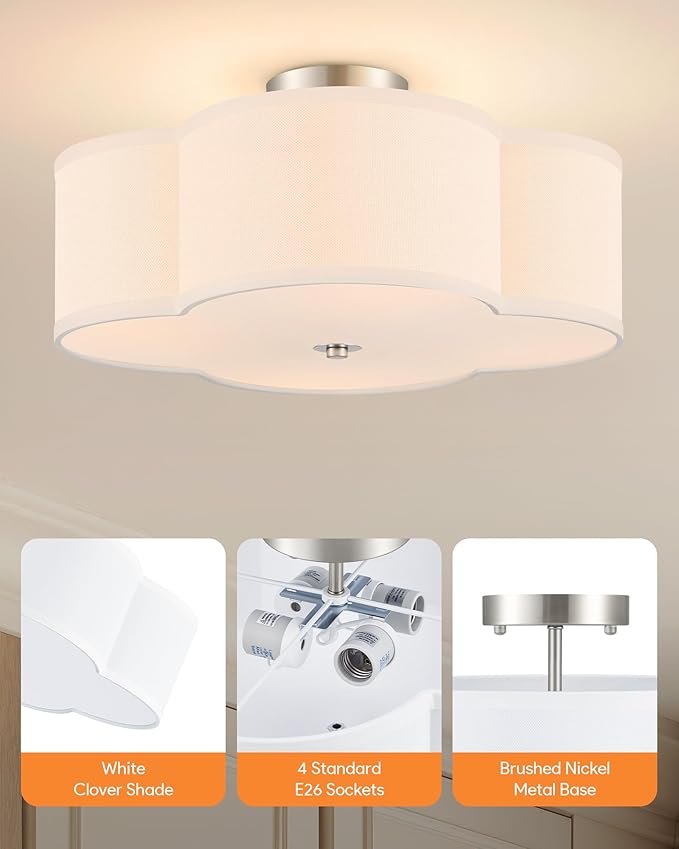 VONLUCE Semi-Flush Mount Ceiling Light, 15.8" Modern 4-Light Ceiling Light Fixture with White Clover-Shaped Shade 4 E26 Sockets for Bedroom Entryway Living Room, Nickel Finish, ETL Certificated