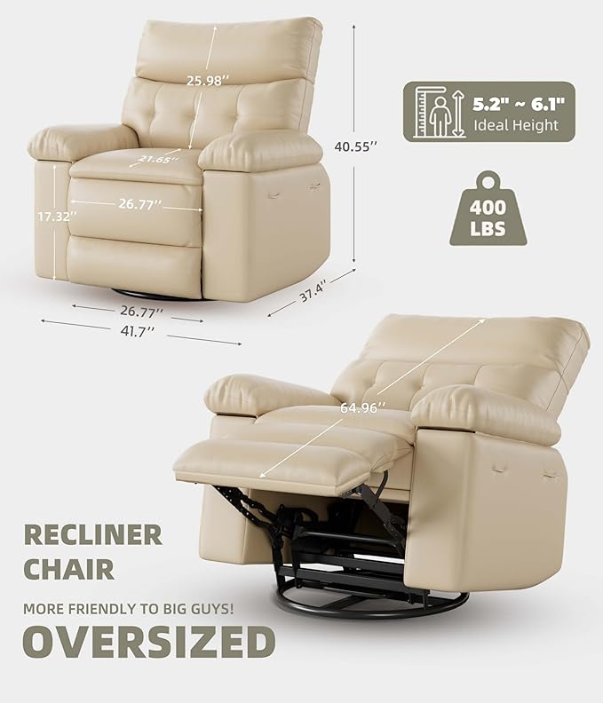 GarveeHome Oversized Power Rocker Swivel Recliner Chair - Heat and Massage, PU Leather Electric Glider Rocking Chair with USB Port, Glider Recliner Nursery Chair for Living Room, Bedroom, Nursery