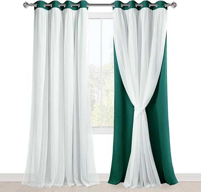 Hiasan Blackout Curtains with Sheer Overlay, Mix Match Thermal Insulated Sun Blocking Grommet Window Curtains for Christmas,Living Room,Kids Room, 2 Drape Panels with Tiebacks, Hunter Green, 52W X 96L