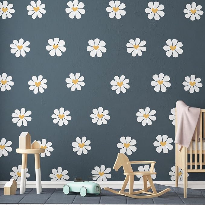 6 Sheet Daisy Wall Stickers White Heart Daisy Decals Peel and Stick Flower Wall Stickers White Flower Decals Floral Wallpaper for Bedroom Nursery Playroom Home Decor