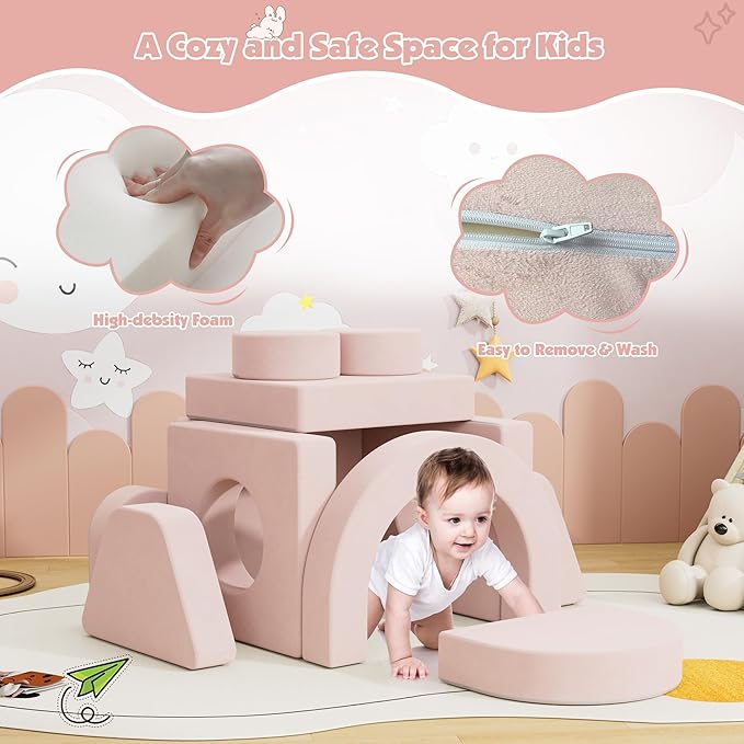 12 PCS Modular Kids Play Block Couch Child Sectional Soft Sofa Toddler Building Fortplay Climbing Bedroom Playroom Baby Convertible Floor Foam Cushion for Boys & Girls (Pink-Double-1)