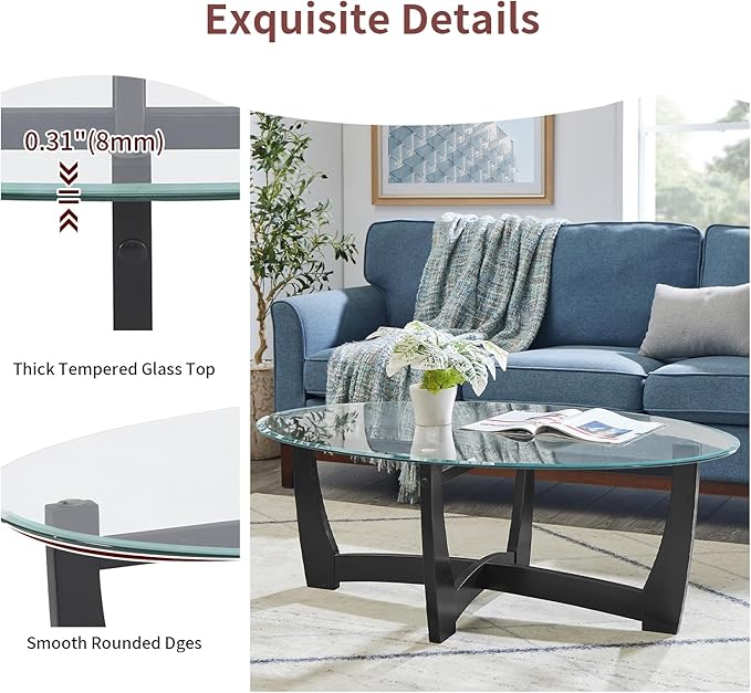 LKTART 48" Oval Glass Coffee Table with Tempered Glass Top Cross and Solid Wood Base Simple & Modern Center Table for Living Room Office Apartment Black