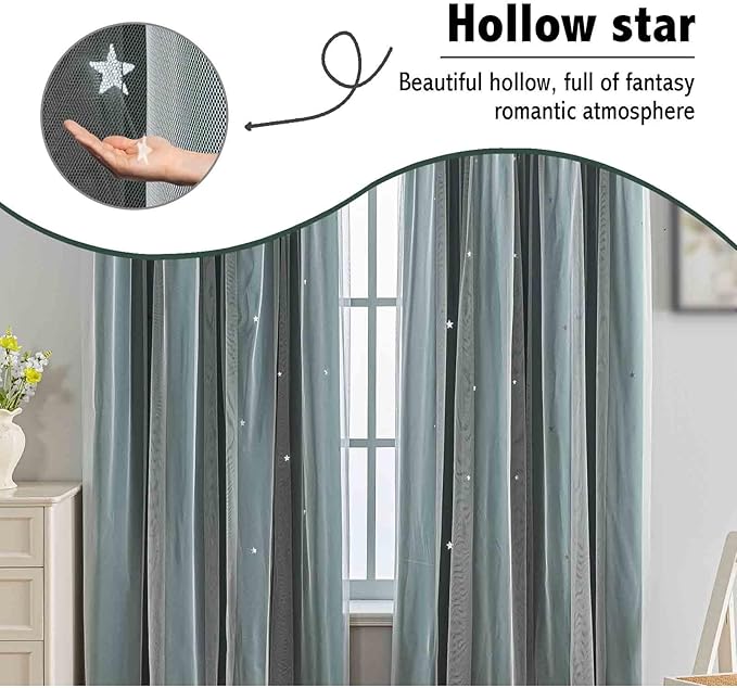 Anytime Romantic Kids Curtain,Hollow-Out Stars Window Curtain Double Layer Blackout Curtains for Girls Bedroom Kids Room 2Panel,(W52 x L84,Dark Green)