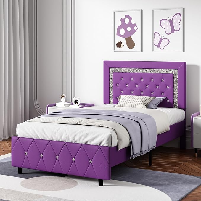 BarnFurin Twin Bed Frame with Headboard, Upholstered Bed with Diamond Tufted Design, No Box Spring Needed, Wooden Slats Support, Easy Assembly, Purple