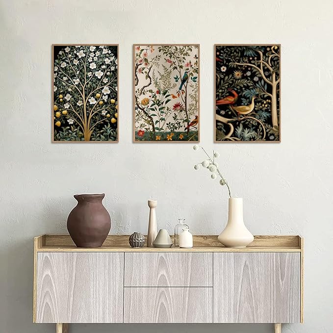 MTFBWY Vintage Botanical Wall Art Set of 3 – Framed Bird and Flower Canvas Modern Art Prints, Nature Tree Triptych Painting, Whimsical Gallery Wall Decor for Living Room Bedroom Office, 16L x 12W