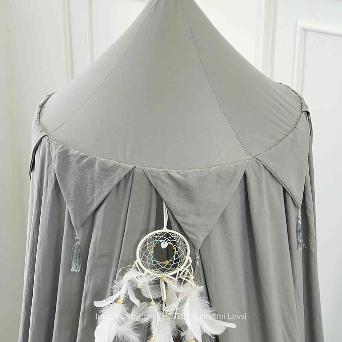 Princess Bed Canopy for Girls, Dreamy Tassels Ceiling Canopy Net Kids Room Decor Soft Canopy Reading Nook, Extra Large Canopies Full Queen Size with Lights - Grey