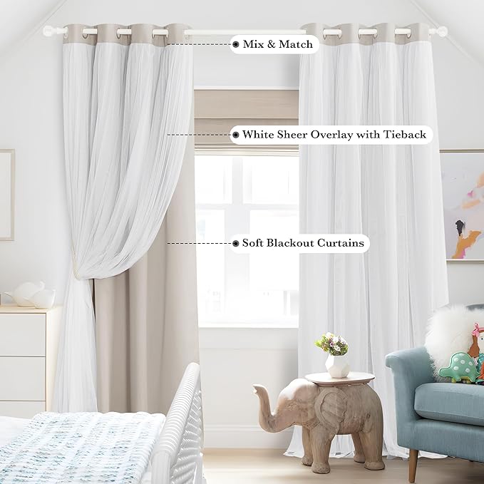 PONY DANCE Double-Layered Curtains - White Sheer Solid Blackout Curtains 72 Inch Length Elegant Grommet Panels for Living Room/Sliding Glass Door (W52xL72, Cream, One Pair)