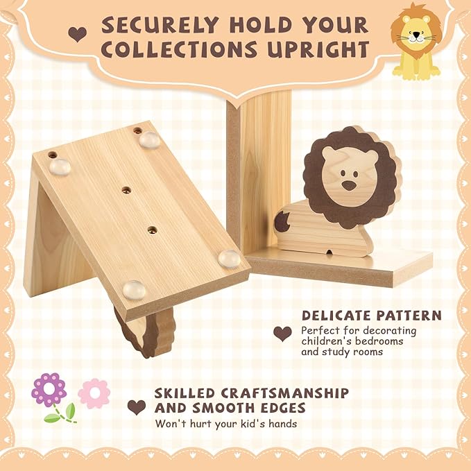 Harloon 2 Pcs Animal Bookends for Kids Wooden Decor Lion Elephant Animal Safari Bookends Decor for Girl Childrens Bedroom Home Nursery