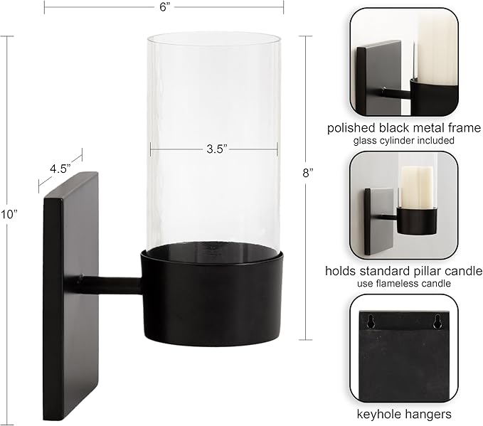 Kate and Laurel Zabler Modern Metal Wall Sconce, 5 x 6 x 10, Black, Round Candle Holder with Removable Glass Cylinder for Flameless Candle Display in Bedroom or Bathroom