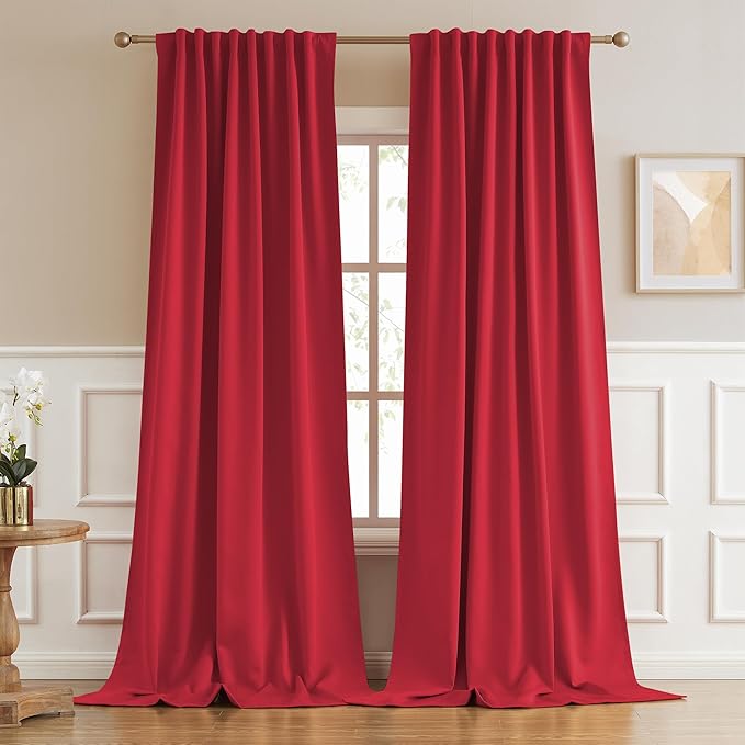 DUALIFE Extra Long 132 Inch Curtains Red Back Tab Loop Pocket Thermal Insulated Blackout Curtain Drapes for High Ceiling Living Room 52 by 132 Inch 11 FT/Foot Length 2 Panels