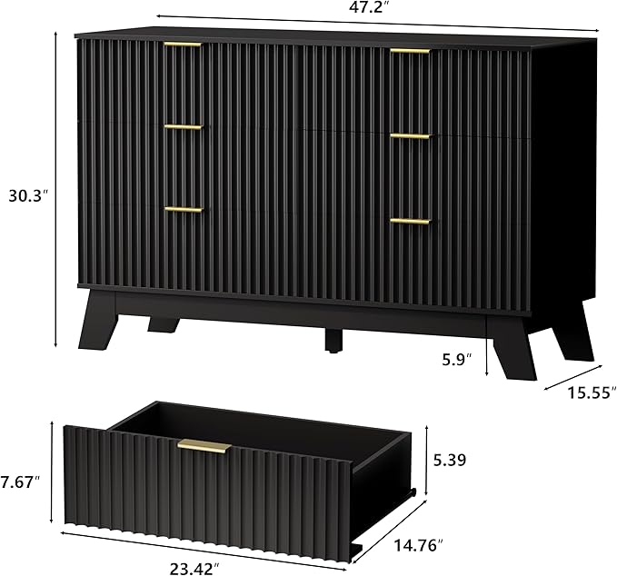6 Drawer Dresser for Bedroom, Black Fluted Dressers Chest of Drawers with Gold Handle, Wood Mid Century Modern Dressers for Closet, Bedroom Dresser Storage Organizer for Living Room, Hallway