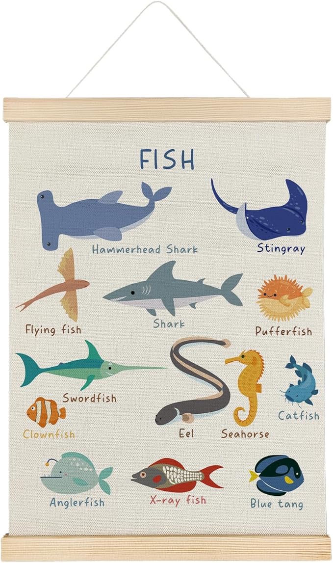 SereneHanctuary Fish Wall Art, Ocean Nursery Wall Decor, Coastal Beach Marine Animal Fish Poster Hanger Frame for Toddler Kids Room Bedroom Nursery Playroom Classroom Decor, 12x16 Inches