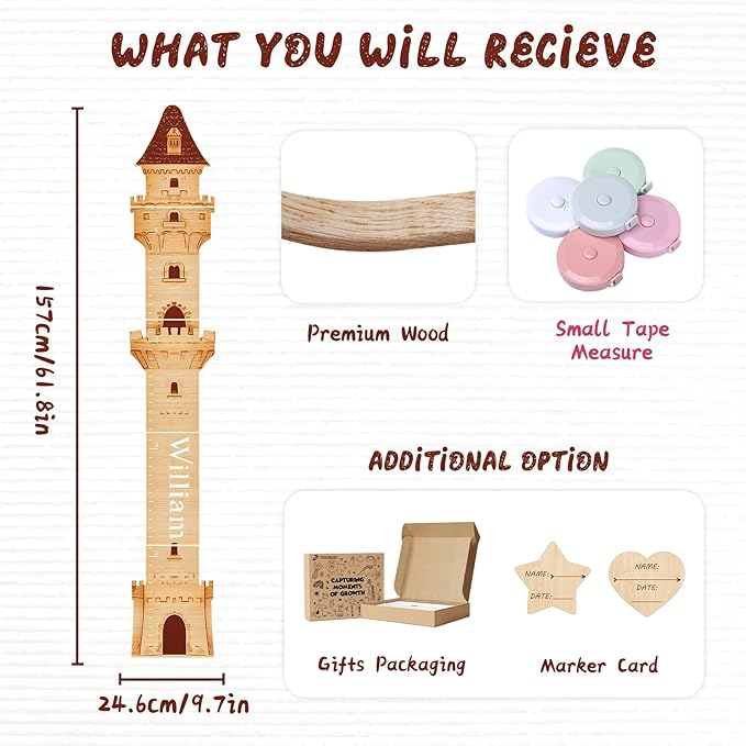 Personalized Name Growth Chart, Castle Height Chart, Customized Name Measuring Board for Kids Height 61.8" x 9.7"