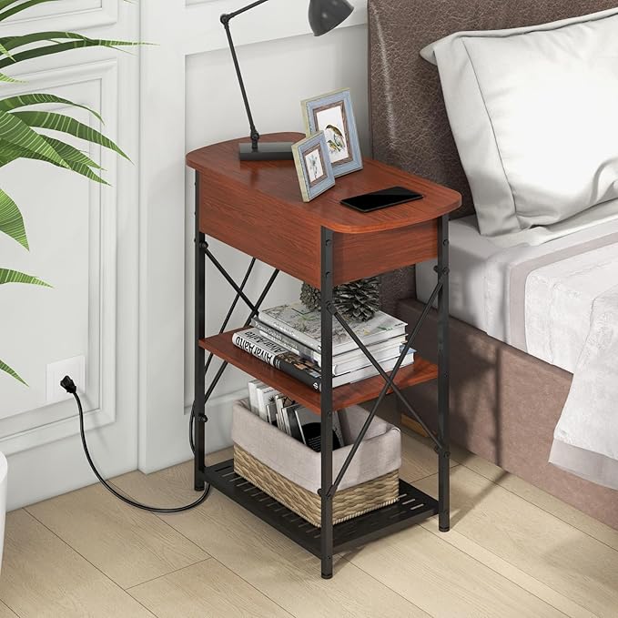 Livofloral Narrow Side Table with Charging Station, End Tables Set of 2 for Small Spaces, Flip Top End Table with Storage, Side Tables Set 2 Living Room, Nightstand with Drawer for Bedroom, Cherry
