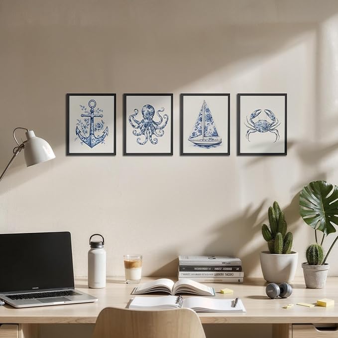 OFJE Coastal Beach Wall Art Decor Prints Set of 4, Chinoiserie Marine Biology Crab Sailboat Anchor Octopus Wall Art Posters Decor for Home Bedroom Living Room, 8x10 Unframed