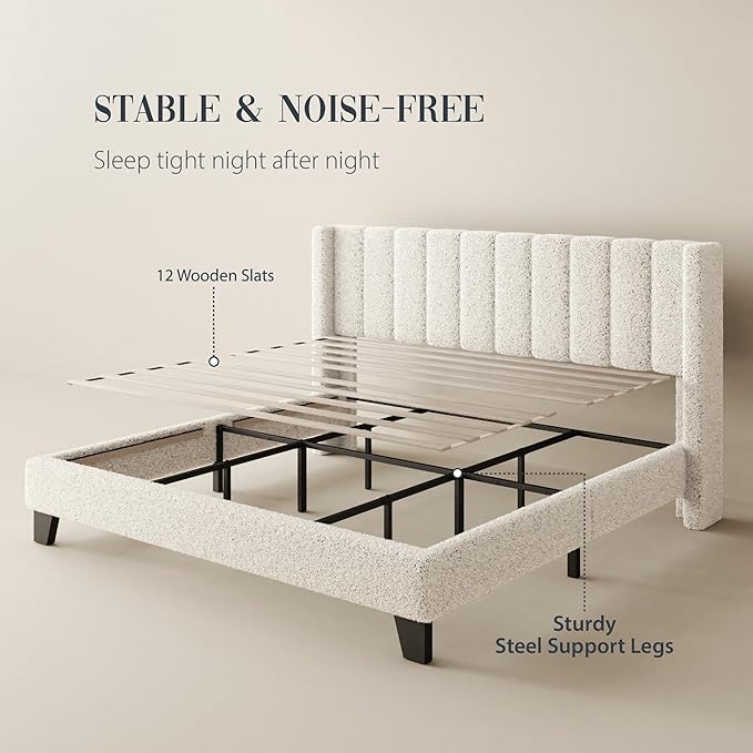 King Bed Frame with Headboard Upholstered Platform Bed Frame with Teddy Velvet Headboard, Wooden Slats Support/Wing Edge Design/No Box Spring Needed/Easy Assembly, Beige King