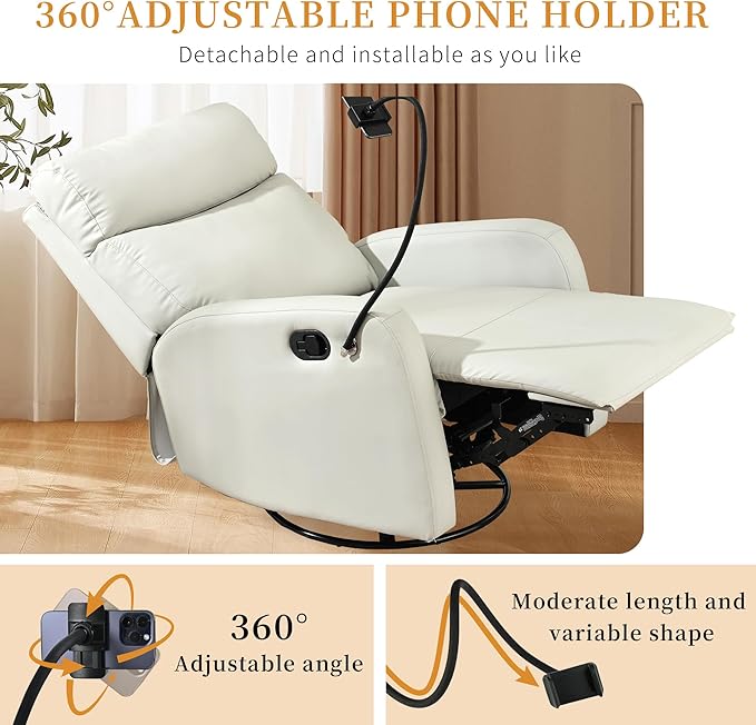 Swivel Rocker Recliner Chair for Nursery, Upholstered 360° Leather-air Glider Rocking Chair with Phone Holder, Manual Small Recliners for Small Spaces Living Room
